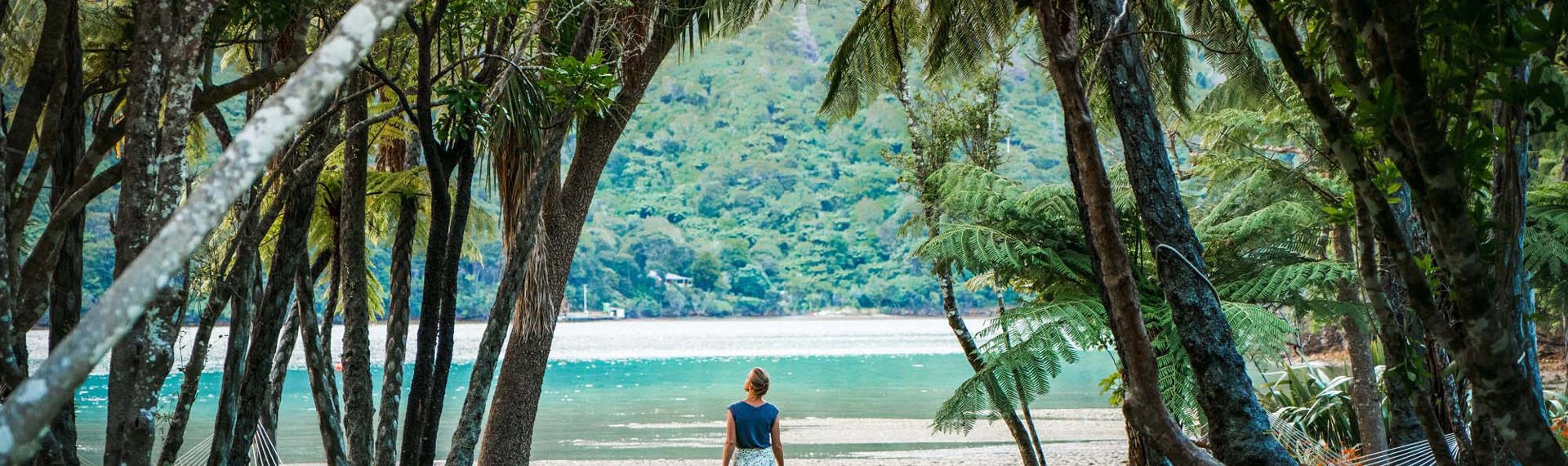 Woman by water on lawn with ponga fern trees overhead, in the Marlborough Sounds at the top of New Zealand's South Island.