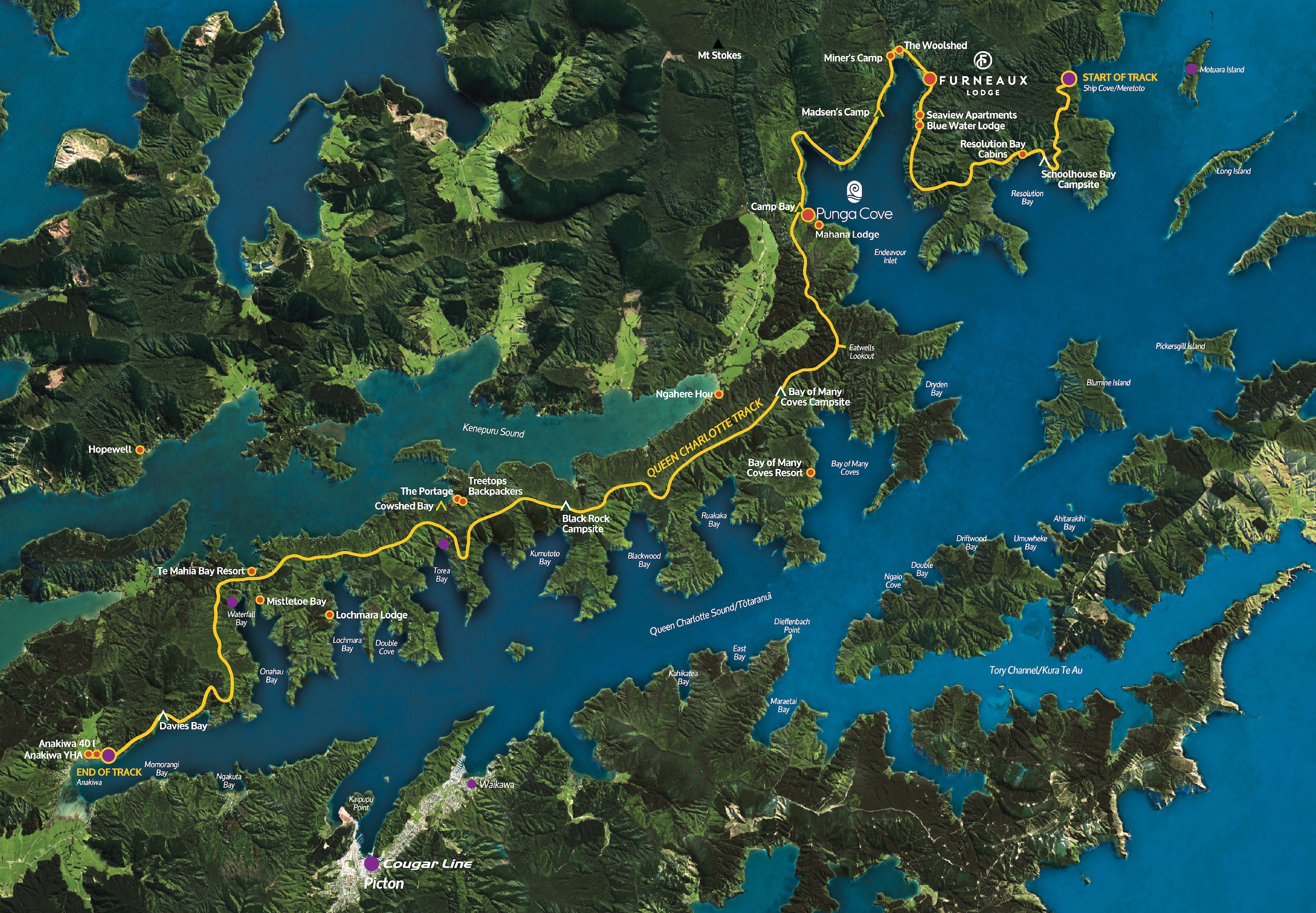 A map of the Queen Charlotte Sound/Tōtaranui including the Queen Charlotte Track, accommodation and Cougar Line passenger drop-off points in the Marlborough Sounds, New Zealand.