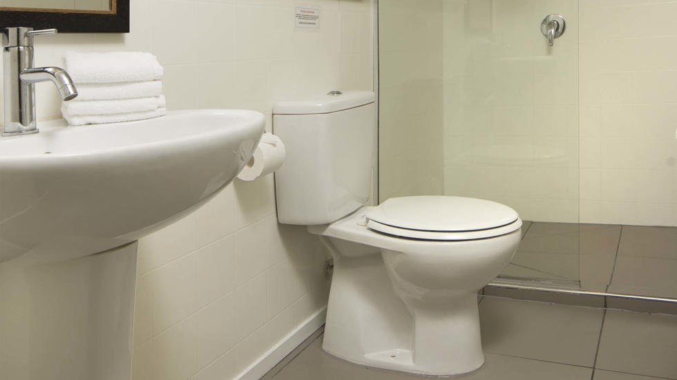 A Cook's Cottage ensuite bathroom with shower and toilet at Furneaux Lodge in the Marlborough Sounds at the top of New Zealand's South Island.