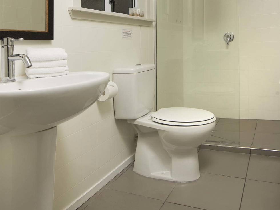 A Cook's Cottage ensuite bathroom with shower and toilet at Furneaux Lodge in the Marlborough Sounds at the top of New Zealand's South Island.