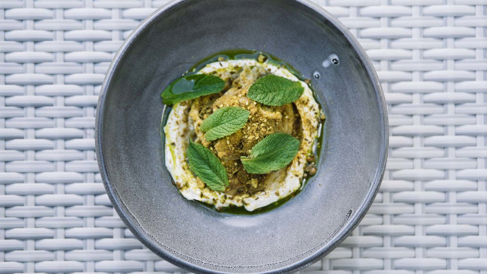 Gourmet hummus meal at the Furneaux Lodge Restaurant in the Marlborough Sounds at the top of New Zealand's South Island.